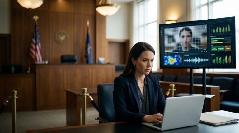Attorney reviewing AI and deepfake evidence in a criminal courtroom