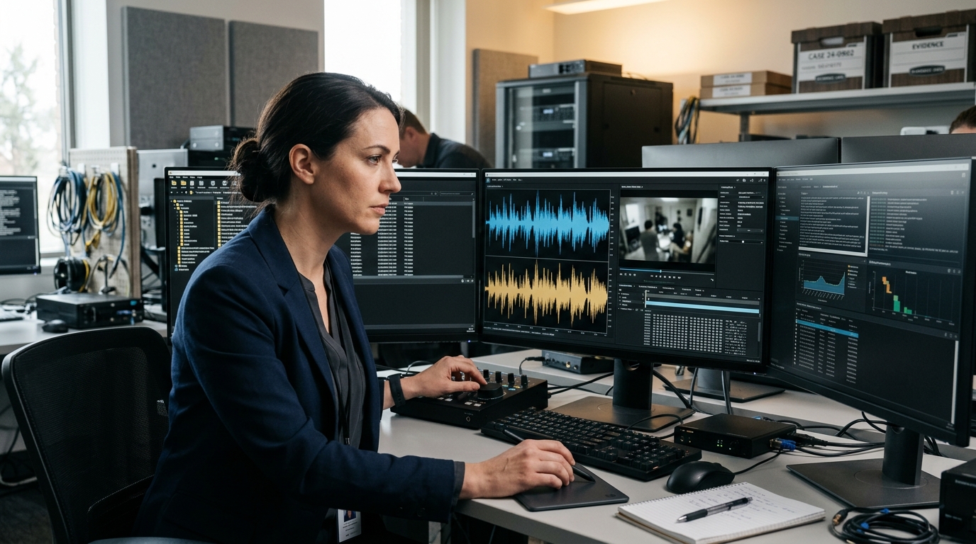 Digital forensic analyst examining suspected deepfake evidence