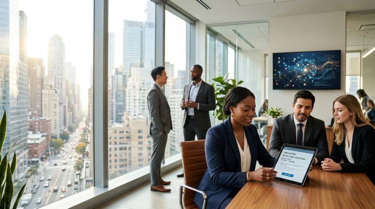 Job applicant reviewing salary range and AI hiring information in 2026